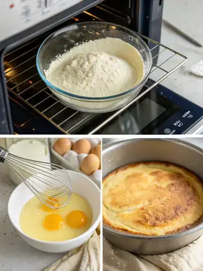 Step-by-step process of making an Oven-Baked Pancake, including mixing dry and wet ingredients, and the final baked pancake topped with berries.