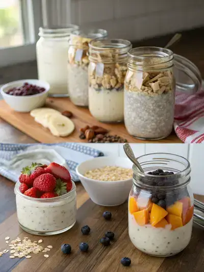 An illustration of the process for preparing Overnight Oats, showcasing ingredients, blending, refrigeration, and a final jar adorned with fruits and nuts.