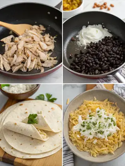 Step-by-step preparation of Chicken Burrito with ingredients and cooking process.