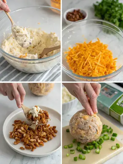 Step-by-step preparation of Classic Cheese Ball, showcasing mixing ingredients, shaping, coating with pecans, and chilling.