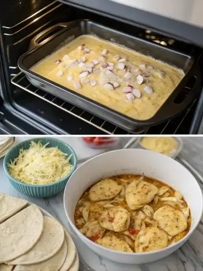 Step-by-step preparation of King Ranch chicken casserole, showcasing the oven, sautéed vegetables, sauce mixing, and layered baking dish.