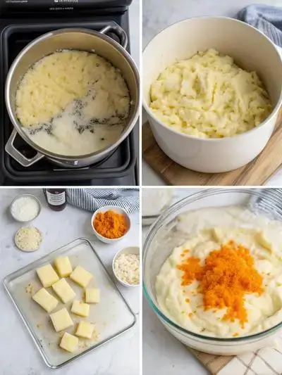 Step-by-step preparation of Mashed Potato Casserole, showcasing mixing ingredients and transferring to a baking dish.