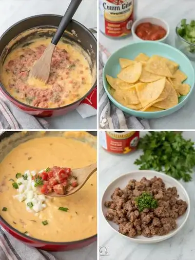 Step-by-step preparation of ROTEL DIP, including browned beef, sautéed vegetables, melted cheese, and the final dish served with tortilla chips.
