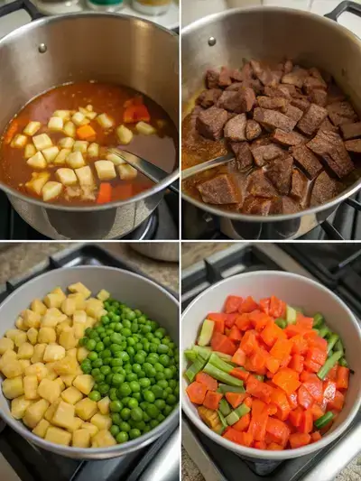 Step-by-step preparation of Vegetable Beef Soup, showcasing heating oil, browning beef, sautéing vegetables, and combining ingredients.