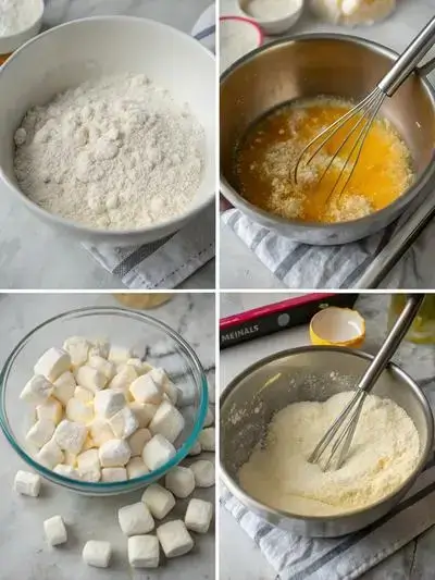Visual sequence illustrating the creation of Deep Fried Marshmallow, highlighting oil heating, mixing dry and wet components, and marshmallows being coated in batter.