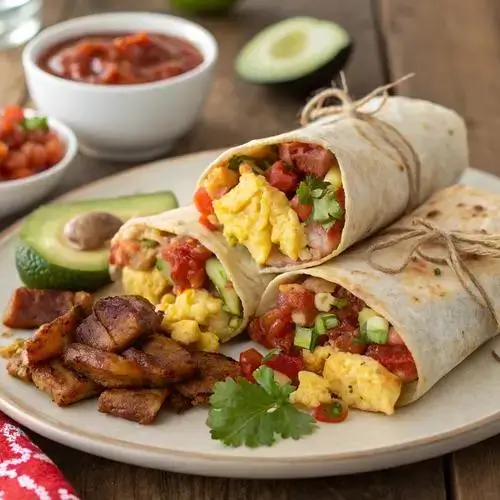 Plate of freshly made Breakfast Burritos with salsa and cilantro.