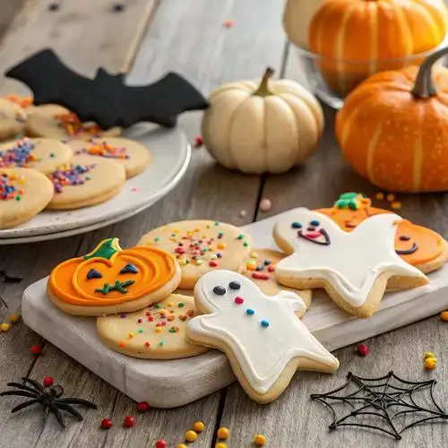 Festively decorated Halloween cookies on a wooden table with autumn decorations.
