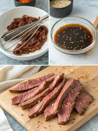 Step-by-step process of making Air Fryer Beef Jerky, including slicing beef, preparing marinade, marinating beef, and arranging in air fryer.