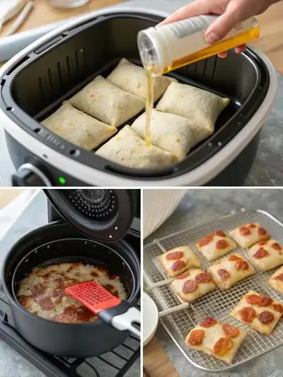 Step-by-step process of making air fryer pizza rolls, including preheating the air fryer, preparing the basket, arranging pizza rolls, and serving with dipping sauce.