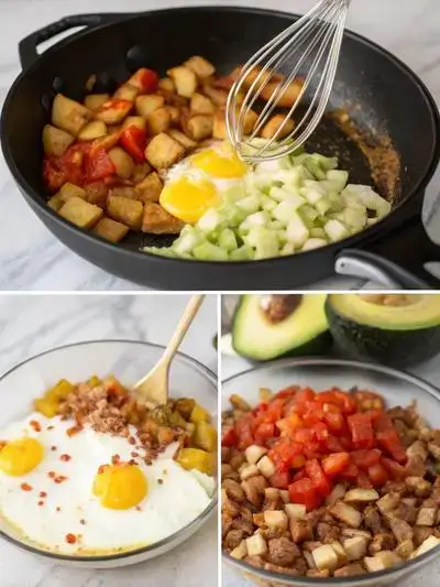 Step-by-step preparation of Breakfast Burritos, including melting butter, sautéing vegetables, scrambling eggs, and assembling the burritos.