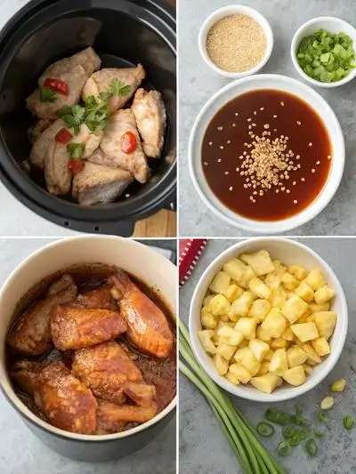 A step-by-step visual guide to making CROCKPOT HAWAIIAN WINGS, showcasing the preparation process and final presentation.