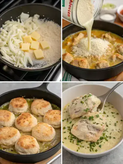 Step-by-step preparation of chicken cobbler, showcasing the oven, sautéing aromatics, making sauce, and assembling the dish.