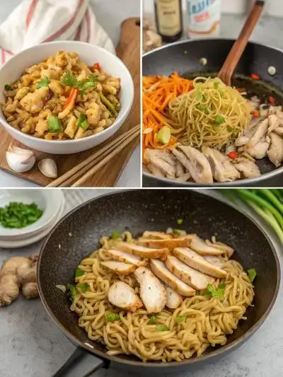 Step-by-step preparation of Chicken Ramen Stir Fry, showcasing cooking noodles, stir-frying chicken and vegetables, and combining ingredients with sauce.
