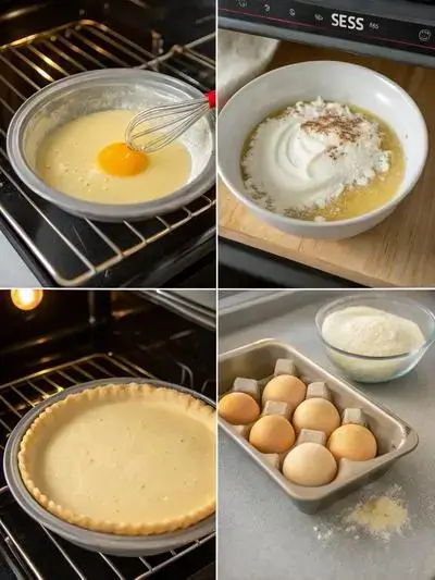 Step-by-step process of making egg custard pie, including preheating the oven, mixing ingredients, and pouring custard into the pie crust.
