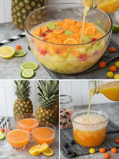 Four-step process of making Halloween Sherbet Punch, showcasing pouring soda and juice, adding sherbet, mixing, and garnishing with candy.