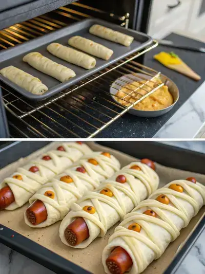 Step-by-step process of making mummy hot dogs, including preheating the oven, preparing dough, wrapping hot dogs, and baking them with mustard eyes.
