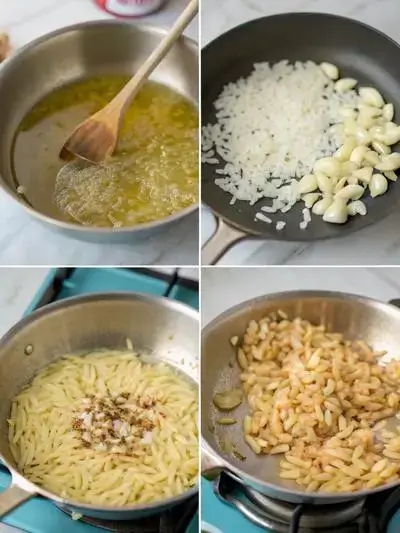 Step-by-step process of making Orzo Pasta, including heating olive oil, cooking onions, adding garlic, and toasting orzo.
