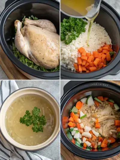 A visual representation of the preparation steps for Slow Cooker Chicken and Rice, featuring layers of chicken, vegetables, and broth in a slow cooker.