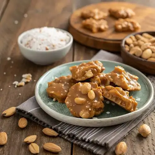 Plate of Caramel Peanut Clusters with a sprinkle of sea salt and natural lighting.