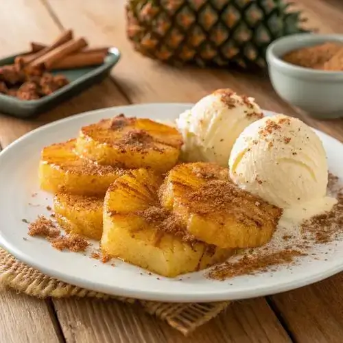 Golden-brown air-fried pineapple slices on a rustic wooden table.