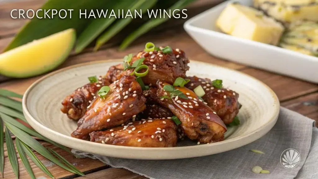 Delicious CROCKPOT HAWAIIAN WINGS served with a thick sauce and garnished with green onions and sesame seeds.