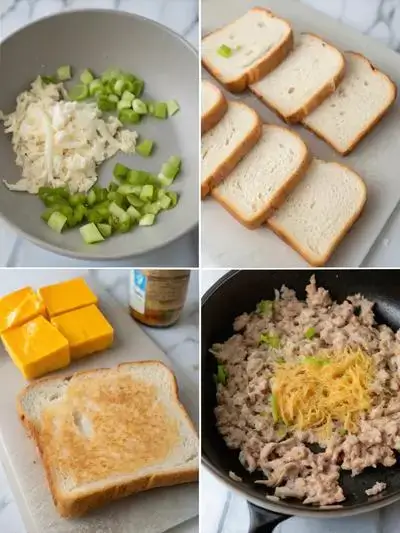 Step-by-step preparation of a Tuna Melt sandwich, showcasing mixing ingredients, buttering bread, cooking in a skillet, and the final sandwich cut in half.