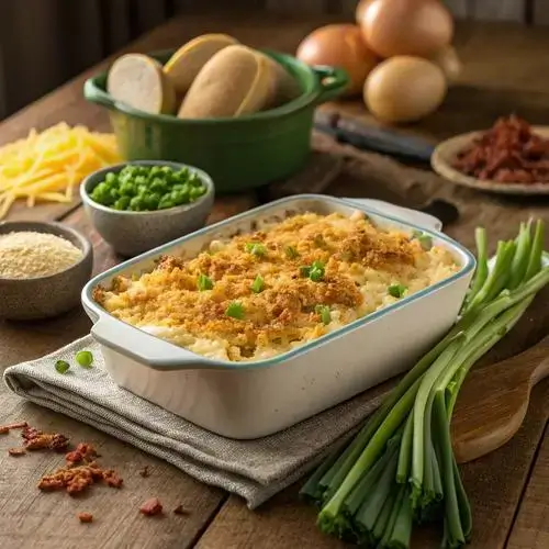 Golden brown Mashed Potato Casserole with crispy topping and garnished with green onions.