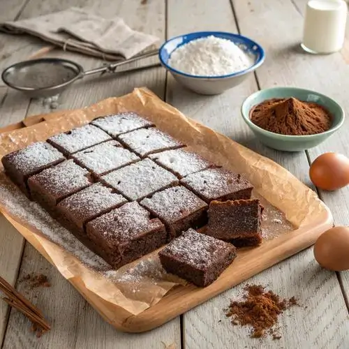 Wacky cake displayed with baking ingredients on a rustic table.