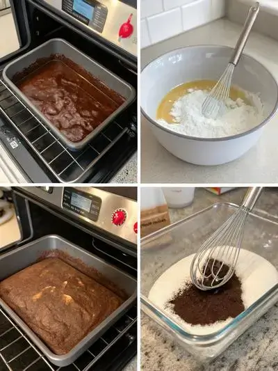 Step-by-step process of making Wacky cake, including preheating the oven, mixing dry ingredients, creating wells, and adding water.