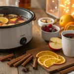 Crock Pot Apple Cider with sliced apples and oranges, garnished with cinnamon sticks.