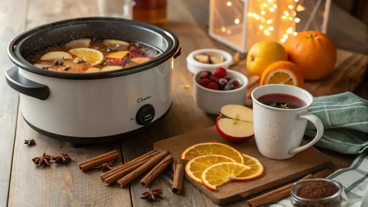 Crock Pot Apple Cider with sliced apples and oranges, garnished with cinnamon sticks.