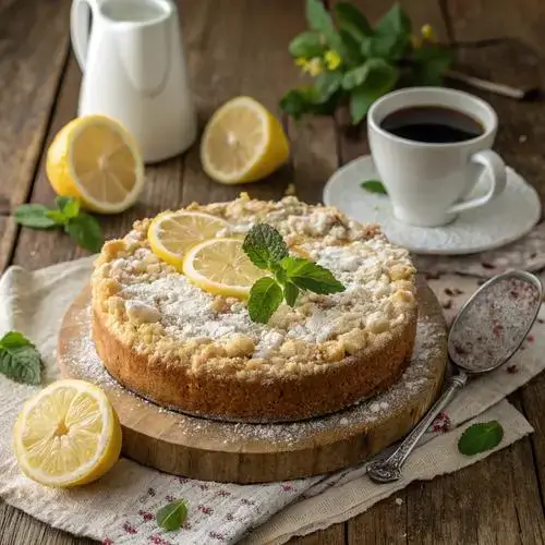 A slice of lemon coffee cake on a plate with a cup of coffee and fresh lemons in the background.