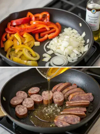 A step-by-step visual guide to preparing beef smoked sausage with sautéed vegetables in a skillet.