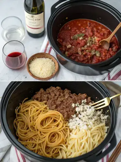 Step-by-step preparation of CROCKPOT SPAGHETTI, including cooking beef, transferring to crockpot, adding ingredients, and serving the final dish.
