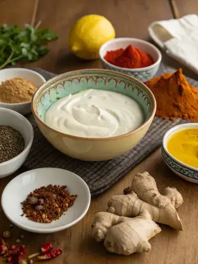 Ingredients for tandoori paste including yogurt, spices, and lemon juice arranged on a wooden table.