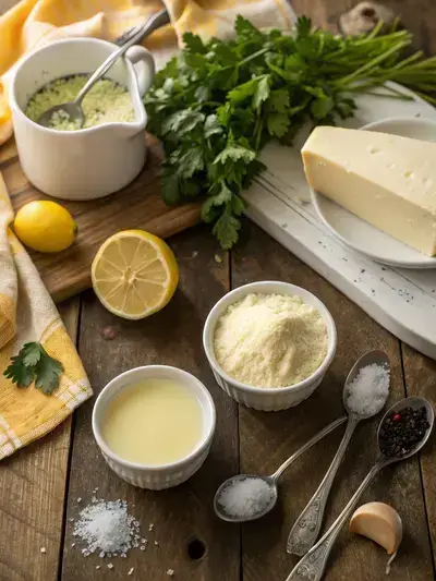 Display of components for lemon alfredo sauce on a kitchen table.