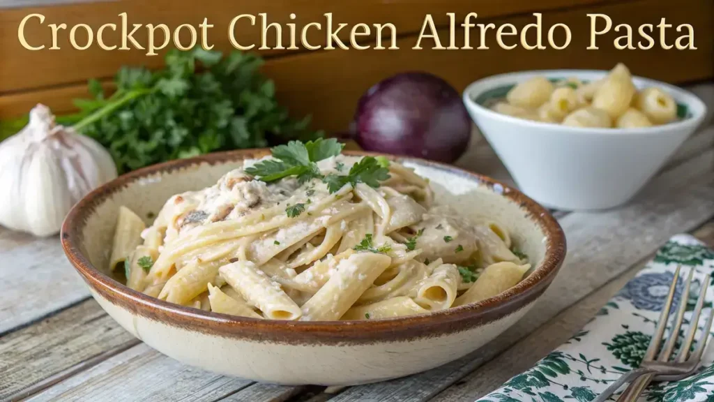 A bowl of CROCKPOT CHICKEN ALFREDO PASTA garnished with parsley.