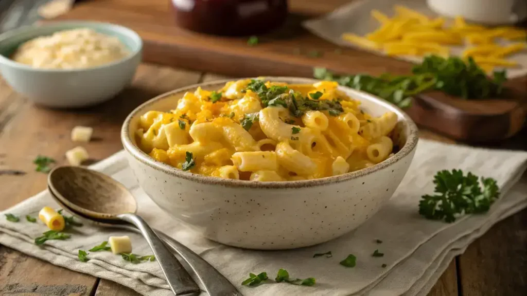 A bowl of creamy Crockpot Mac and Cheese garnished with parsley and cheese.
