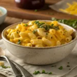A bowl of creamy Crockpot Mac and Cheese garnished with parsley and cheese.