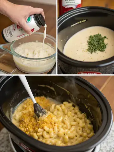 Step-by-step process of making Crockpot Mac and Cheese, including spraying the crockpot, adding ingredients, stirring, and serving the final dish.