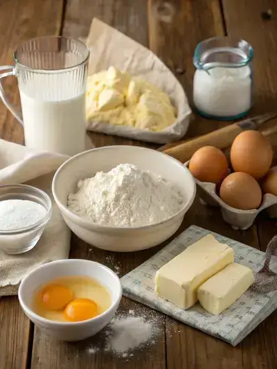 Ingredients for croissant bread displayed on a kitchen table.