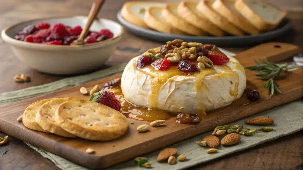 Baked Brie wrapped in puff pastry with honey and fruit preserves on a wooden board.