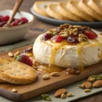 Baked Brie wrapped in puff pastry with honey and fruit preserves on a wooden board.