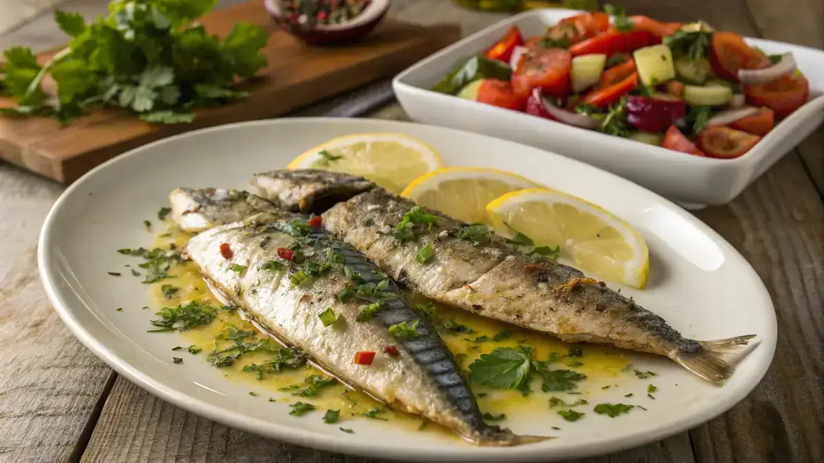 Baked mackerel fillets with lemon and parsley on a plate.