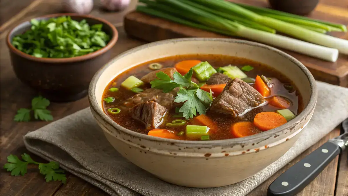 A bowl of Beef Bone Soup garnished with parsley and green onions, surrounded by fresh vegetables.