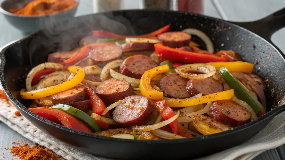 A skillet with beef smoked sausage, onions, and bell peppers cooking on a stove.