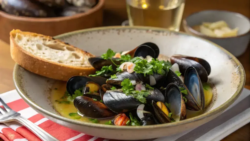 A bowl of black mussels in broth with parsley and crusty bread on the side.