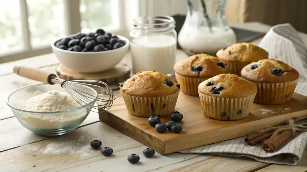 Freshly baked blueberry muffins on a wooden cutting board with ingredients around them.