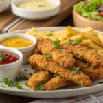 Plate of crispy breaded chicken strips with dipping sauces and fries.