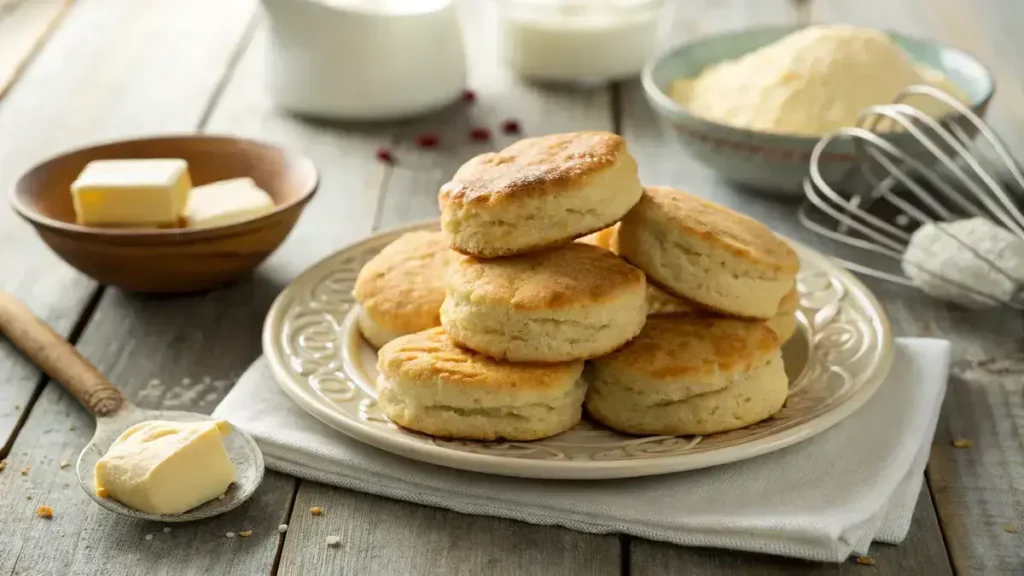 A plate of golden brown butter biscuits on a rustic wooden table with baking ingredients in the background.